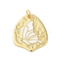 Rack Plating Brass Enamel Pendants, with Jump Ring, Cadmium Free & Lead Free, Real 18K Gold Plated, Irregular with Butterfly Charm, White, 21.5x19x2.4mm, Hole: 3.4mm(KK-S372-04B-03)