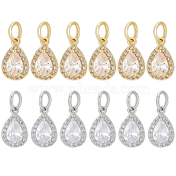 12Pcs 2 Colors Rack Plating Brass Micro Pave Clear Cubic Zirconia Charms, with Jump Ring, Long-Lasting Plated, Teardrop Charm, Mixed Color, 12.5x8x4mm, Hole: 4mm(KK-BC0013-62)