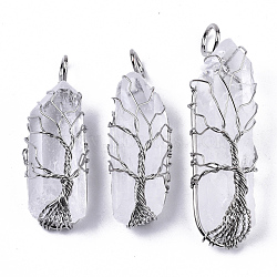 Natural Quartz Crystal Wire Wrapped Pendants, Rock Crystal, with Brass Wires, prismatic with Tree of Life, Platinum, 48~62x14~17x13~18mm, Hole: 4x5~6mm(G-T133-P02E)