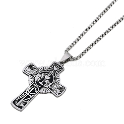 304 Stainless Steel Eucharist Holy Communion Cross Pendant Box Chain Necklaces, Stainless Steel Color, 23.62 inch(60cm)(NJEW-M010-04P)