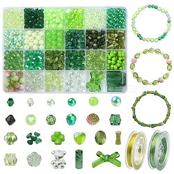 DIY Bracelet Making Kit, Including Acrylic & Plastic Pearl Beads, Bicone & Bamboo Stick & Cube & Chips & Bear & Bowkont, Green, 710Pcs/set(DIY-FS0005-19)
