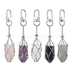 Brass Macrame Pouch Stone Holder Pendant Decoration, with Bullet Shape Natural Mixed Gemstone and Alloy Swivel Clasps, Platinum, 100mm(HJEW-JM01690-02)