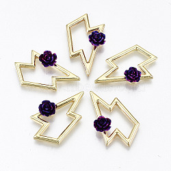 Rack Plating Open Back Bezel, For DIY UV Resin, Epoxy Resin, Pressed Flower Jewelry, with Resin, Cadmium Free & Nickel Free & Lead Free, Lightning Bolt with 3D Purple Flower, Light Gold, 26x16x5mm(PALLOY-N155-51-NR)