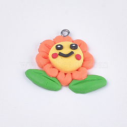 Handmade Polymer Clay Pendants, with Iron Findings, Flower, Platinum, Colorful, 25~30x29~34.5x8.5mm, Hole: 1.5mm(CLAY-S093-06)