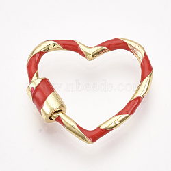 Brass Screw Carabiner Lock Charms, for Necklaces Making, with Enamel, Heart, Golden, Red, 23x25x2.5~5mm(KK-S338-26C)