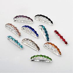 Half Moon Brass Rhinestone Bridge Spacers, 3-Hole, Silver Color Plated, 8x19x4mm, Hole: 1~1.5mm(RB-D312-S)