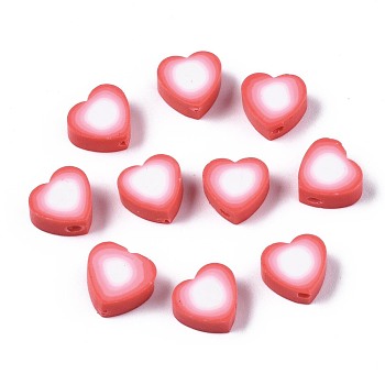 Handmade Polymer Clay Beads, Heart, Red, 9x9~10x4~5mm, Hole: 1.5mm