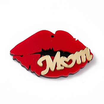 Mother's Day Acrylic Pendants, Lip with Word Mom Charms, Red, 26x44.5x5.8mm, Hole: 1.6mm