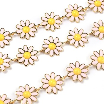 Golden Brass Enamel Link Chain, Long-Lasting Plated, with Spool, Unwelded, Daisy, Lavender Blush, 13.5x10x1.5mm, 32.8 Feet(10m)/roll