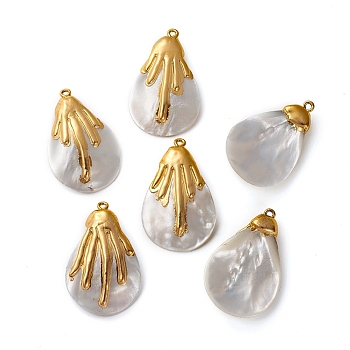 Electroplated Shell Pendants, with Brass Pendant Findings, Teardrop, Golden, 39x25x6.6mm, Hole: 1.8mm