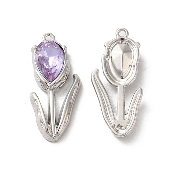 Alloy Pendant, with Glass, Platinum, Lead Free & Cadmium Free, Tulip Flower of Life Charm, Purple, 32x14x5.5mm, Hole: 1.6mm