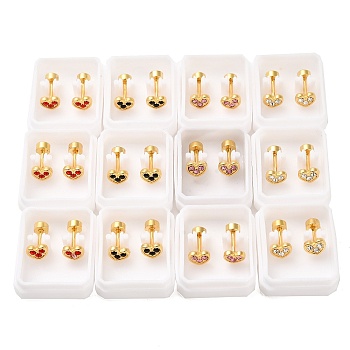 Heart Rhinestone Ear Fake Plugs, 304 Stainless Steel Piercing Stud Screw Earrings for Women, Golden, Mixed Color, 6x5mm, Pin: 1mm