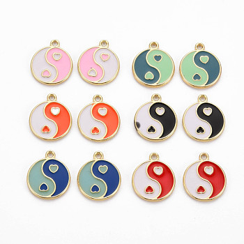 Rack Plating Alloy Enamel Charms, Cadmium Free & Lead Free, Light Gold, Flat Round with Yin Yang, Mixed Color, 13.5x11.5x1mm, Hole: 1.2mm