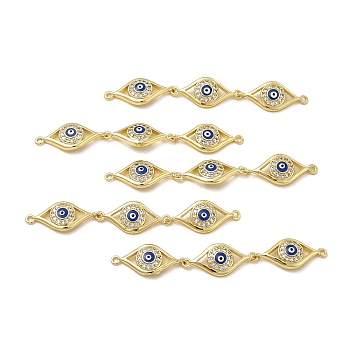 Brass Micro Pave Clear Cubic Zirconia Connector Charms, with Enamel, 3 Evil Eye Links, Real 18K Gold Plated, Royal Blue, 63x10x3.8mm, Hole: 1.4mm