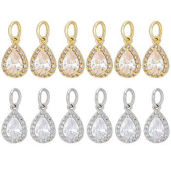 12Pcs 2 Colors Rack Plating Brass Micro Pave Clear Cubic Zirconia Charms, with Jump Ring, Long-Lasting Plated, Teardrop Charm, Mixed Color, 12.5x8x4mm, Hole: 4mm