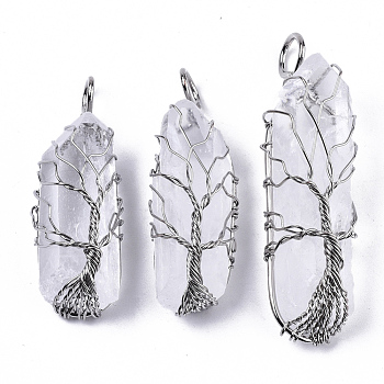 Natural Quartz Crystal Wire Wrapped Pendants, Rock Crystal, with Brass Wires, prismatic with Tree of Life, Platinum, 48~62x14~17x13~18mm, Hole: 4x5~6mm