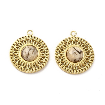 Natural Feldspar Pendants, Faceted Flat Round Charms, with Vacuum Plating Real 18K Gold Plated 201 Stainless Steel Findings, 17.5x15x4mm, Hole: 1.4mm