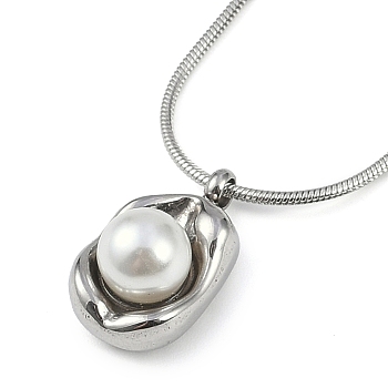 304 Stainless Steel Round Snake Chain Necklaces, Round Plastic Pearl Pendant Necklaces for Women, Stainless Steel Color, 17.72 inch(45cm)