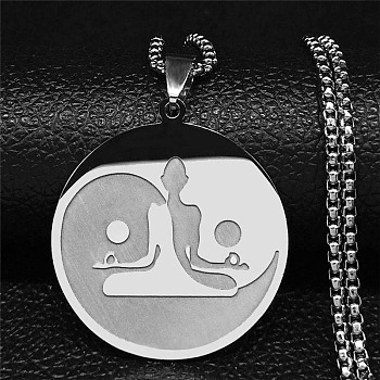 304 Stainless Steel Flat Round Buddhist Meditation Yoga Pendant Necklaces, Non-Tarnish, Stainless Steel Color, 23.62 inch(60cm)