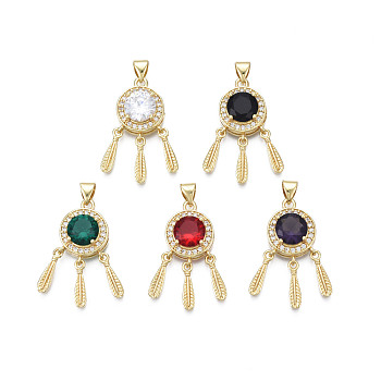 Brass Micro Pave Clear Cubic Zirconia Pendants, with Glass and Brass Snap on Bails, Nickel Free, Real 18K Gold Plated, Woven Net/Web with Feather, Mixed Color, 28x12x6mm, Hole: 3x5mm