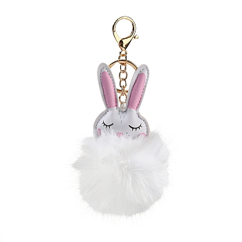 Cute Rabbit PU Leather & Imitate Rex Rabbit Fur Ball Keychain, with Alloy Clasp, for Bag Car Key Decoration, White, 16.5~16.9cm