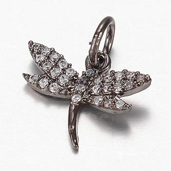 Brass Micro Pave Cubic Zirconia Charms, Dragonfly, Gunmetal, 13.5x15x3mm, Hole: 4mm