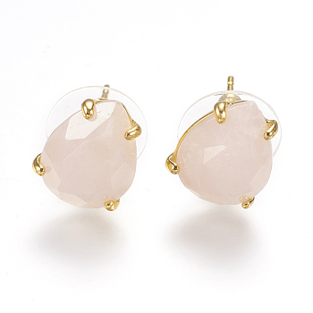 Natural Rose Quartz Stud Earrings, with Golden Tone Brass Findings, Faceted Teardrop, 13.5~14x10.5mm, Pin: 0.8mm