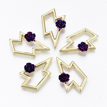 Rack Plating Open Back Bezel, For DIY UV Resin, Epoxy Resin, Pressed Flower Jewelry, with Resin, Cadmium Free & Nickel Free & Lead Free, Lightning Bolt with 3D Purple Flower, Light Gold, 26x16x5mm
