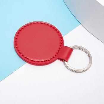 PU Leather Keychain, with Metal Key Ring, Flat Round, Red, 8.4x5cm