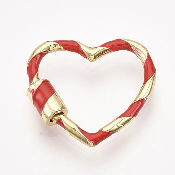Brass Screw Carabiner Lock Charms, for Necklaces Making, with Enamel, Heart, Golden, Red, 23x25x2.5~5mm