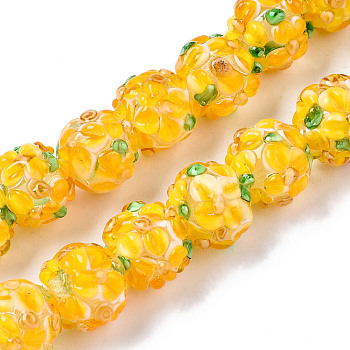 Handmade Lampwork Beads Strands, Bumpy, Round with Flower, Gold, 12~13x11~12mm, Hole: 1mm, about 45pcs/strand, 19.29 inch(49cm)