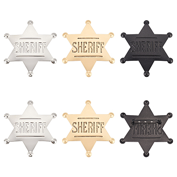 6Pcs 3 Colors Iron Star with Word Sheriff Brooch Pin for Costume Accessories, Mixed Color, 64x59x7mm, 2pcs/color