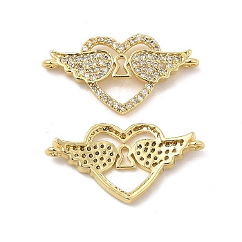 Brass Micro Pave Clear Cubic Zirconia Connector Charms, Heart Links with Wing, Real 18K Gold Plated, 14.3x27.3x3.5mm, Hole: 1.2mm