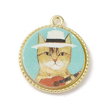 Alloy Pendant, Flat Round with Cat Pattern, Turquoise, 23.5x20.5x3mm, Hole: 1.8mm