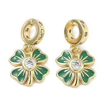 Saint Patrick's Day Brass Pave Clear Cubic Zirconia European Dangle Charms, with Green Enamel, Clover Large Hole Pendants, Long-Lasting Plated, Rack Plating, Lead Free & Cadmium Free, Real 18K Gold Plated, 20.5mm, Hole: 4.5mm