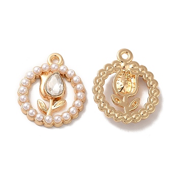 Rack Plating Alloy Glass Pandants, Nickel Free, with ABS Plastic Imitation Pearl, Flat Round with Flower Charms, Golden, Clear, 20.5x17.5x4mm, Hole: 2mm