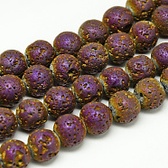 Electroplate Natural Lava Rock Beads Strands, Matte Style, Round, Purple Plated, 8x8.5mm, Hole: 1mm, about 48pcs/strand, 15.3 inch(G-T058-03A)