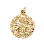 Brass Micro Pave Cubic Zirconia Pendants, Real 18K Gold Plated, Lead Free & Cadmium Free, Flat Round with Star & Moon, Clear, 18x15.5x2mm, Hole: 3mm(KK-A161-17G)
