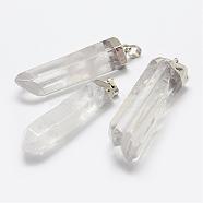 Natural Quartz Crystal Pointed Pendants, with Brass Findings, Faceted, Polishing, Bullet, Silver Color Plated, 57~63x15~17x11.5~15mm, Hole: 5x8mm(G-F463-20S)