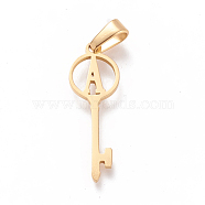 304 Stainless Steel Initial Pendants, Large Hole Pendants, Key with Letter, Golden, Letter.A, 25x8.5x1mm, Hole: 6x2.5mm(STAS-D019-09A-G)