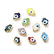 Handmade Evil Eye Lampwork Beads, with Golden Plated  Brass Edge, Long-Lasting Plated, Hamsa Hand, Mixed Color, 15~17x11.5~12.5x5~5.5mm, Hole: 1.8mm(LAMP-F026-03)