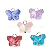 Transparent Baking Paint Glass Pendant, with Brass Loops, Platinum, Butterfly, Mixed Color, 12x14.5x5.5mm, Hole: 3mm(PALLOY-JF02340-01-1S)