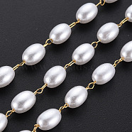 304 Stainless Steel & ABS Plastic Imitation Pearl Beaded Chains, Soldered, with Spool, Oval, Real 16K Gold Plated, 6.5x4.5mm, about 65.62 Feet(20m)/Roll(CHS-S008-015G)