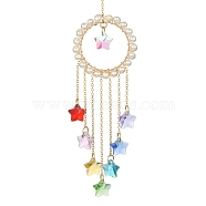 Wire Wrapped Natural Pearl Pendant Decorations, Glass Star Charms and Brass Findings Suncatcher Window Hanging Ornament, Ring, 204mm, Hole: 10mm(HJEW-JM01256-02)