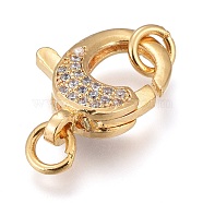Brass Micro Pave Clear Cubic Zirconia Lobster Claw Clasps, with Jump Rings, Long-Lasting Plated, Real 18K Gold Plated, 16x12x4mm, Hole: 3mm, Jump Ring: 5x1mm(ZIRC-M108-15A-G)