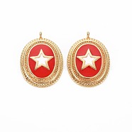 Brass Pendants, with Enamel, Real 18K Gold Plated, Oval with Star Charm, Crimson, 23x17x3mm, Hole: 1.4mm(KK-S356-750)