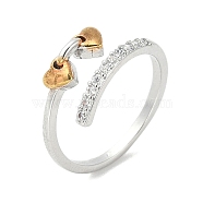 Heart Brass Micro Pave Cubic Zirconia Open Cuff Ring for Women, Platinum & Golden, US Size 6 3/4(17.1mm)(RJEW-A040-01G)