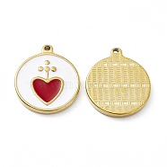 Vacuum Plating 201 Stainless Steel Pendants, with Enamel, Real 18K Gold Plated, Flat Round with Heart Charm, Crimson, 23.5x20x2.7mm, Hole: 1.7mm(STAS-J401-VC1028)