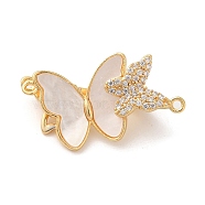 Brass Micro Pave Clear Cubic Zirconia Fold Over Clasps, with Shell, Butterfly, Real 18K Gold Plated, 14x26x8mm, Hole: 1.2mm(KK-A227-26G)