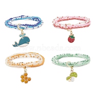 4Pcs 4 Style Glass Seed Beaded 4 Layer Multi-strand Bracelets Set, Whale & Strawberry & Honeycomb Alloy Enamel Charms Stackable Bracelets for Women, Mixed Color, Inner Diameter: 2-1/4 inch(5.85cm), 1Pc/style(BJEW-JB09034)